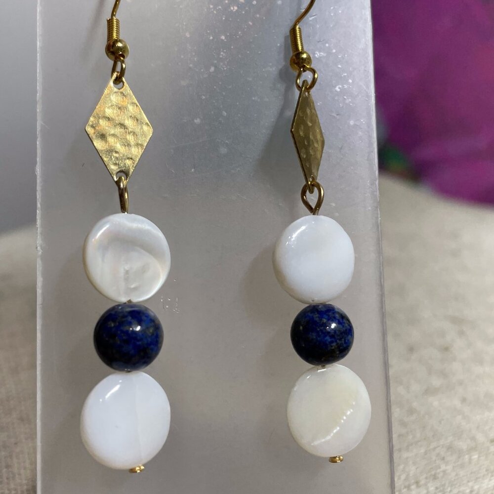 Lapis Mother of Pearl Beaded Handmade Dangle Pierced Earrings 2 ½” L NEW